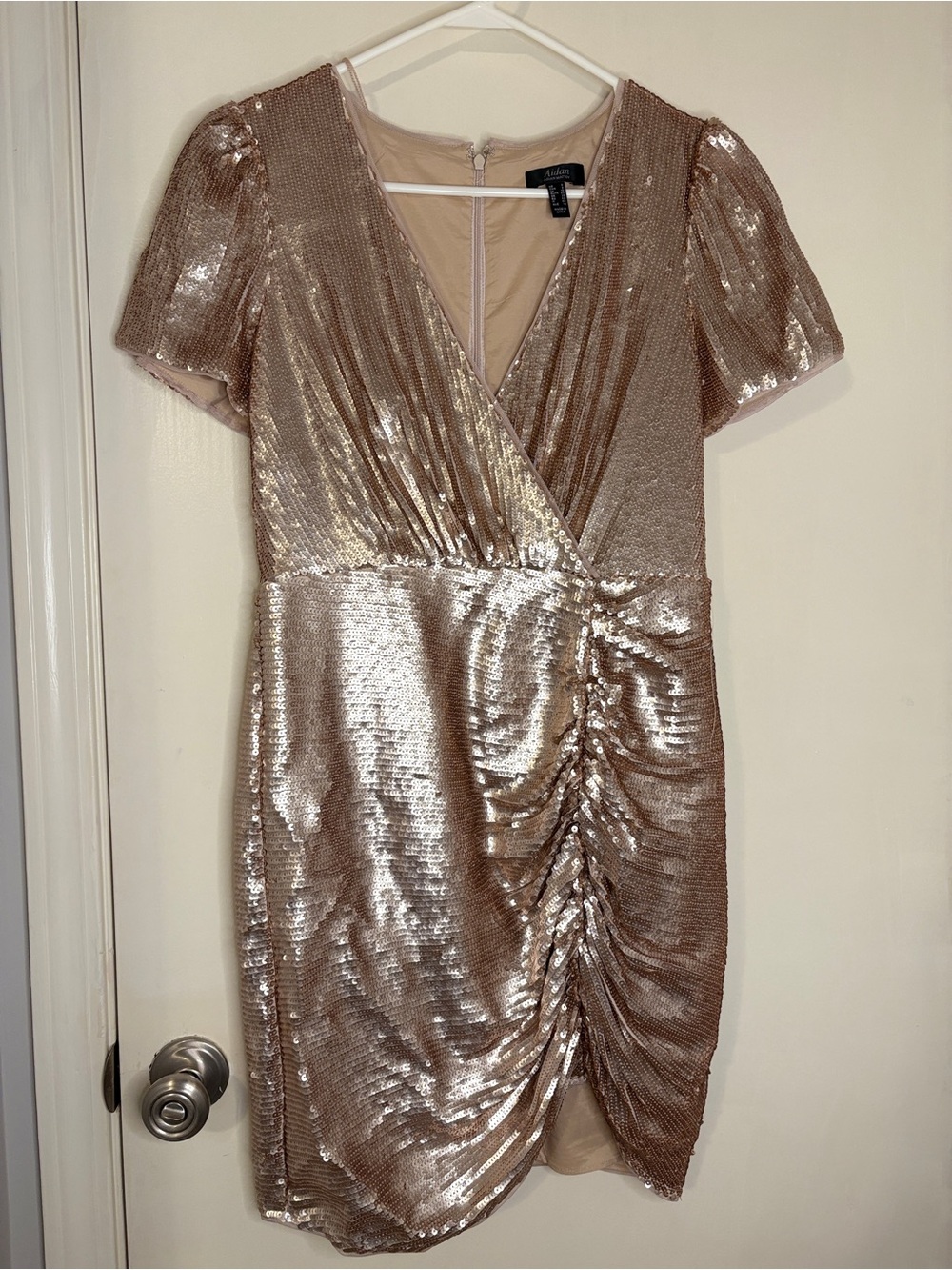 Sequin Wrap Ruched Mini Dress - Champagne